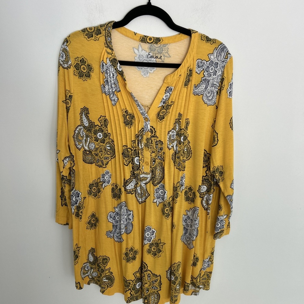 Simply Emma Women's 1X V-Neck 3/4 Sleeve Yellow‎ Black Blouse Comfy Soft Casual